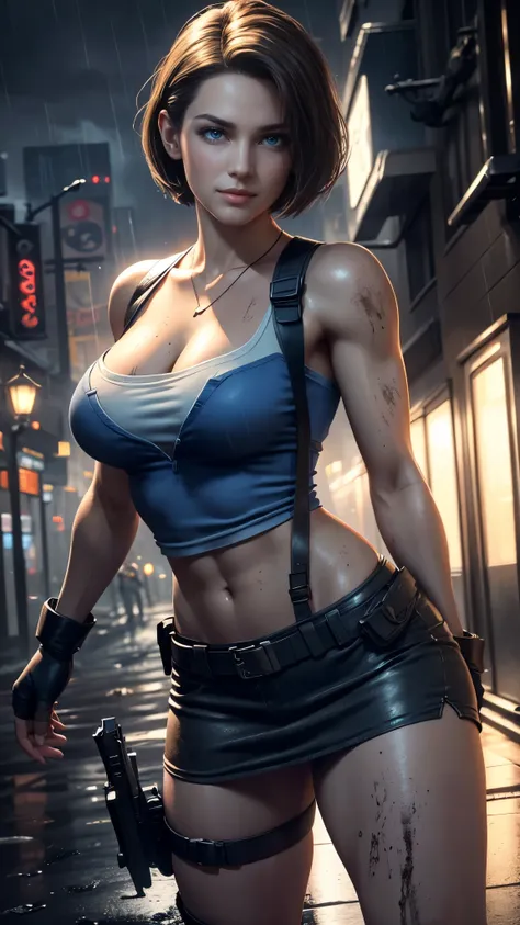 jill valentine da resident evil,(best qualityer,4k,8k,high resolution,work of art:1.2)(weather: rain), back alley background, ci...