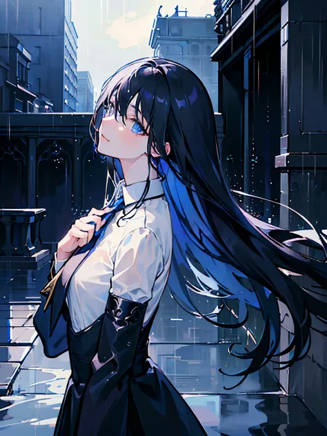 (masterpiece, sidelighting, ultra-detailed, finely detailed beautiful eyes: 1.2, blue lighting), anime boy, from side, black suit, white collared shirt, black tie, long dark blue hair, long flowy hair, profile, solo, building rooftop, rain, raining, stormy...