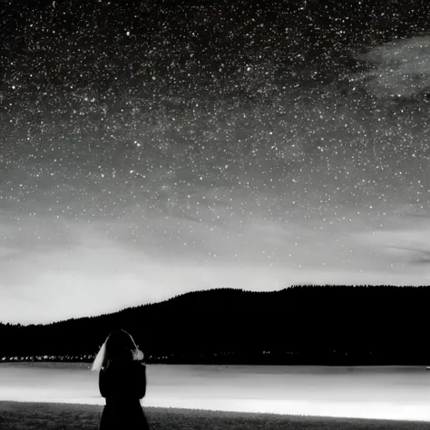 Pointillism of a Woman、A woman standing on the beach in the moonlight