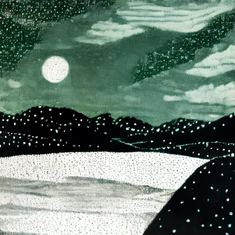 Pointillism of a Woman、Woman standing in a garden at night