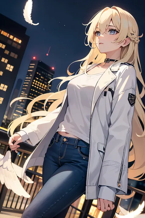 1 , medium breasts, blonde hair, Long hair, night , Wavy hair, gray eyes, white feather wings, angel, outdoor, city , white jacket, choker, regatta, jeans