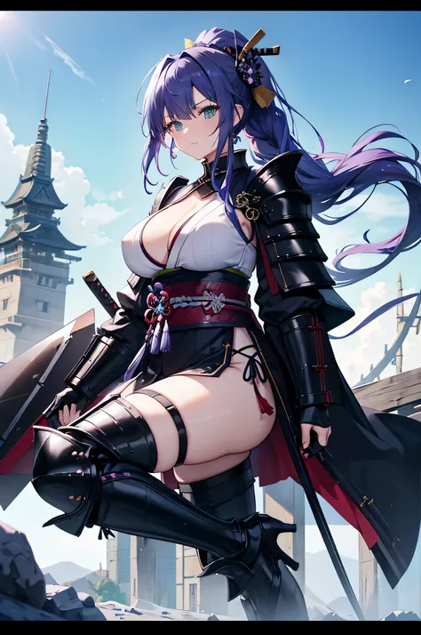 4K,High resolution,One Woman,Blue-purple hair,Long Ponytail,Braids,Green Eyes,Big Breasts,samurai,Black plate armor,Full Armor,Heavy Armor,Black high heel boots,Black gloves,Japanese sword,Jewelry decoration,Medieval castle town