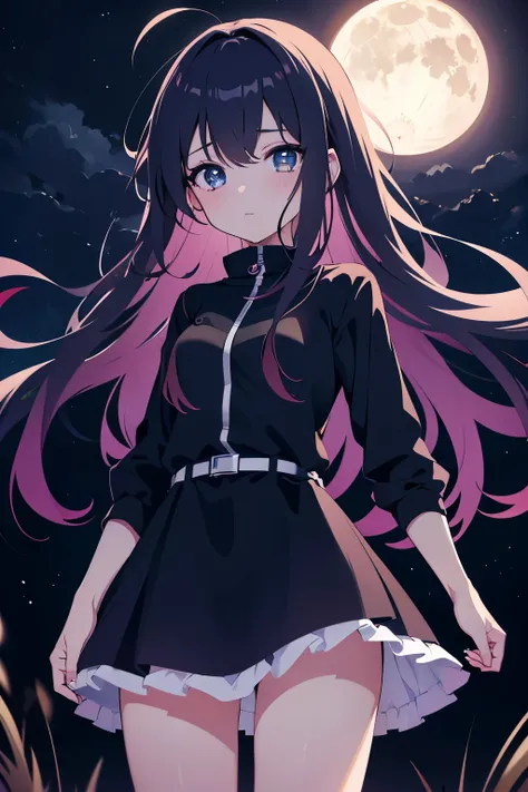 Anime Girl (8K Quality) Girl lost in darkness, night , full moon ,alone, dark , sad .