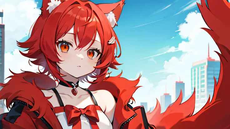 anime girl ,short red hair and red furry cat ear .