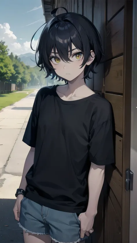 (masterpiece), best quality, hair between eyes, 1boy, child, solo, dark blue hair, messy hair, ahoge BREAK standing, (yellow eyes) BREAK (pale skin:1.2) BREAK bored face, glaring, closed mouth, (purple shirt), short sleeves BREAK blue shorts BREAK outdoors...