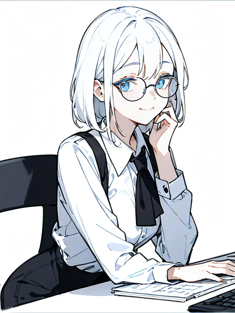 best quality, masterpiece, detailed, 1 girl, solo, slim, white hair, blue eyes, smile, closed mouth, a labtop, typing, office lady, simple background, wearing white shirts and black suit, wearing oversized full round glasses