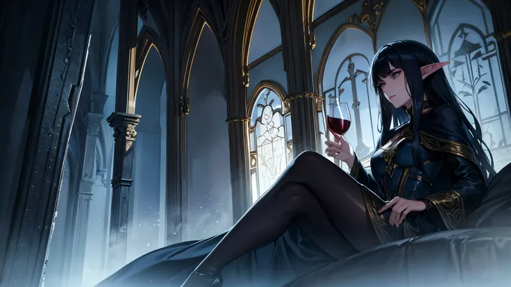 a young elf with long dark blue hair, wearing black silk heels, holding a glass of wine, elongated facial features, elegant, cinematic lighting, fantasy, dramatic, 8k, detailed, photorealistic, masterpiece, highly detailed, intricate, ornate, moody, chiaro...