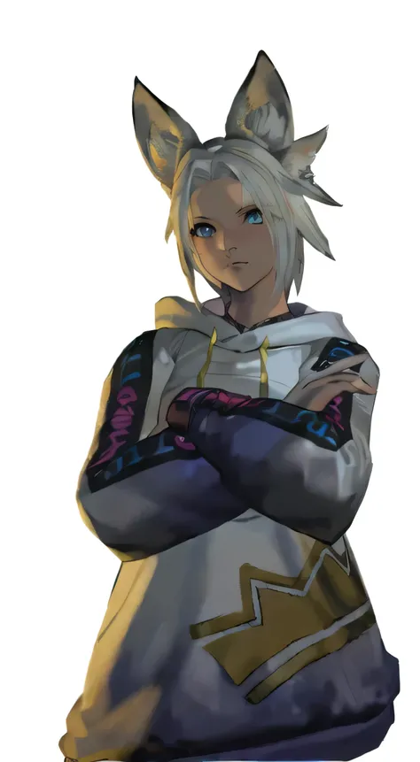 there is a woman in a cat costume posing for a picture, tranding on pxiv, character close up, final fantasy 14 style, character close-up, final fantasy 1 2 style, thancred waters in style of wlop, in a hoodie, tifa lockhart with white hair, close up charac...