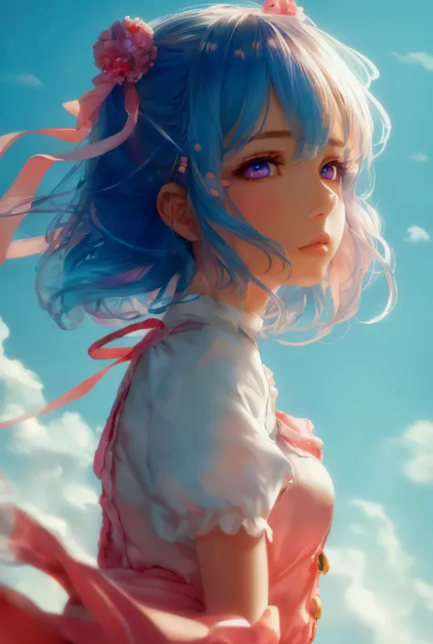 (detailed beautiful eyes and detailed face, masterpiece side light, masterpiece, Best Quality, detailed, High resolution illustrations), (1 girl, beautiful girl, Shiny skin), (Sky blue hair, Pink eyes, skirt, ribbon, Button-down shirt)(Kneel on the ground)