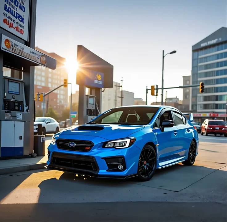 A high quality and sharp image resolution photo of a 2020 Subaru WRX STI in sky blue, parked at a gas station in an urban setting. The car is captured at a slight angle, with a natural, everyday look. Theres a soft lens flare from the bright sun. The light...