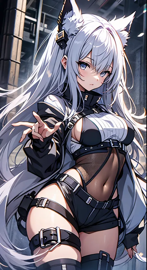 hatune miku,　granblue fantasy style, dramatic angle, best detailed girl, thick thighs, girlan extremely delicate and beautiful girl, 20 years old, long gray hair, beautiful white hair, two-tone hair, anime face, beautiful and delicate golden eyes, wolf ear...