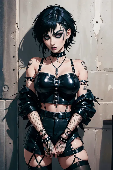 Punk trad goth subculture gothic Girl trad goth makeup punk post punk long hair with bang spikes choker cross cord Rosary cross pendants fishnet stockings punk trad goth gothic subculture post-punk goth long black hair with bang Siouxsie Sioux