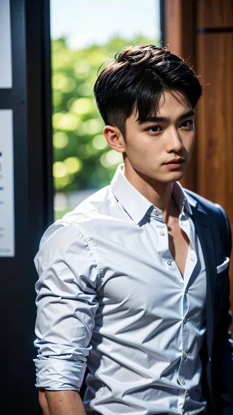 masterpiece, bestquality, High Quality, extremely detailed cg unity 8k wallpaper, Depth of Field, HDR,,photorealistic portrait,Very detailed, 1 man, asian short hair black (Wear a suit shirt.),Looking at the audience, balance eyes, (eye contact)