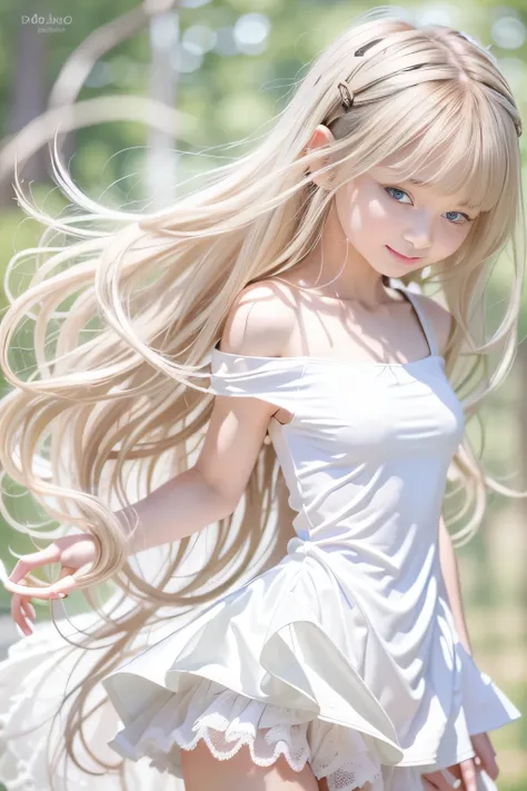 best quality, masterpiece, extremely cute and tender girl, (loli), long hair blown up, shiny platinum blonde hair, seductive smile,protruding nipples, ((small Breasts)), Bare arms, white skirt, see-through, Bare shoulder,