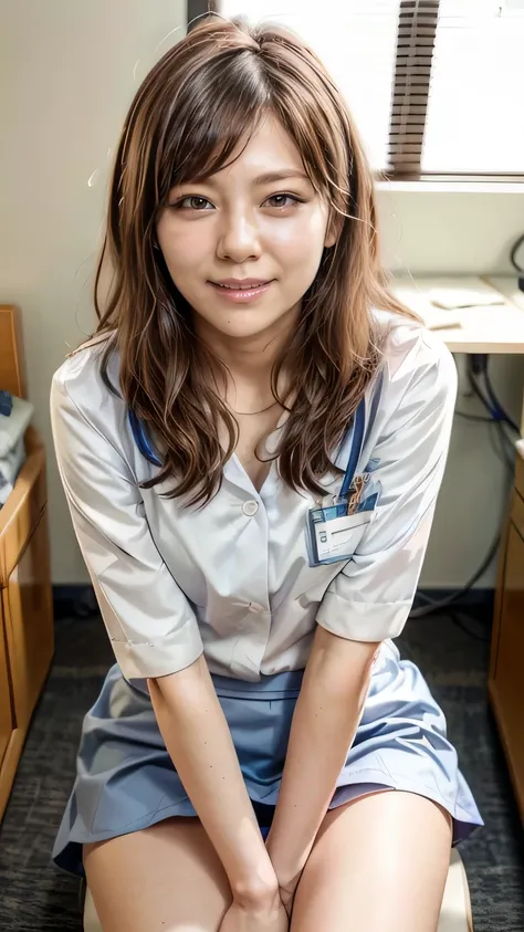 (doctor uniform:1.5、Female doctor:1.3)、Hospital examination room、Sit on a chair、((The whole body is visible:1.5))、(Tight mini skirt:1.3)、(Squint your eyes and laugh、A big smile)、(Realistic、As shown in the picture、Live Action、8k, Realistic, RAW Photos, Best...