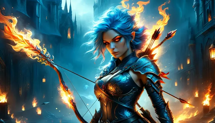 a woman with blue hair and a bow and flaming arrows in a dark city, fantasy art style épica hd, detailed fantasy art, detailed fantasy digital art, 4k fantasy art, arte de highly detailed fantasy, detailed 2d digital fantasy art, fantasy art hd, anime cgi ...