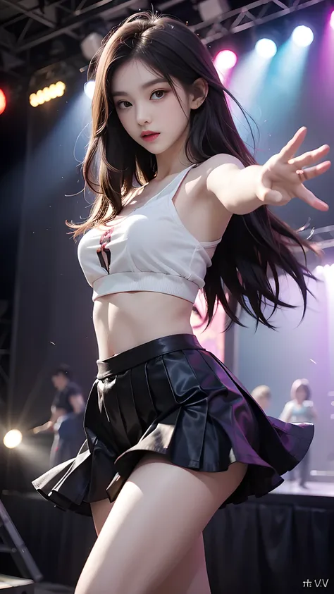 ulzzang-6500-v1.1, (RAW photo: 1.2), (Real photo), (Real photo: 1.4), 1 girl、Perfect anatomy、1、Looking at the camera、Medium length hair、dance skirt, ((performing on stage: 1.1))、(Business service)、Asian eyes Ella,