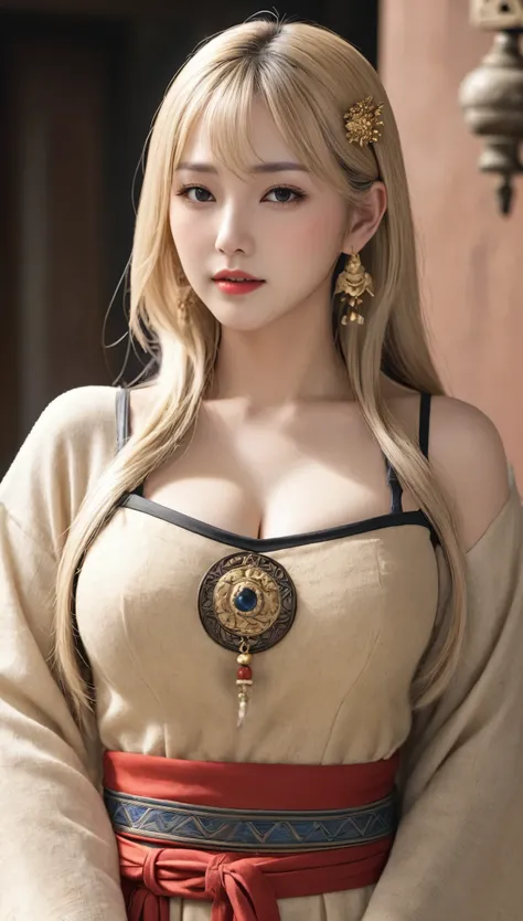 (Ultra-realistic)、Ancient Priestess、のFemale Shaman、
Scalability　Beauty　High resolution　High resolution　Realistic　Short Hair　blonde、　blondeの女性、Mature Woman、Middle-aged women、(((非常にBig cleavage)))、Detailed skin texture、超High resolution、Realistic、Voluptuous f...