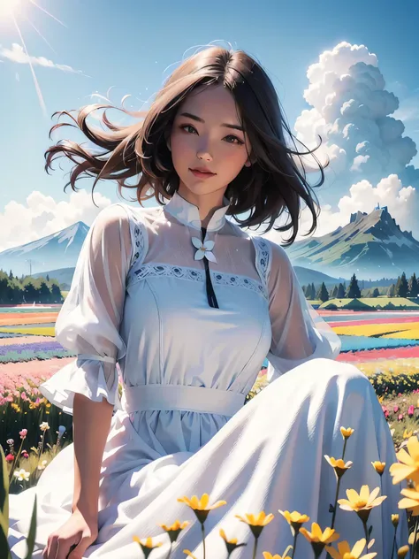 1girl, dynamic angle, cloud and mountain, (flower field:1.4) in the foreground, white dress, light tracing, (floating colorful wind:1)
(photorealistic:1.4), official art, unity 8k wallpaper, ultra detailed, beautiful and aesthetic, masterpiece,best quality...