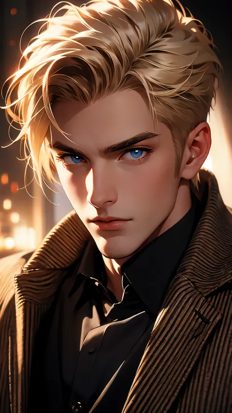 ((masterpiece)), envision a 8k, highres, semi realistic, cinematic, detailed, close up portrait of a man, slender muscular body, slender face, narrow eyes, thick eyebrows, ((blonde hair)), blue eyes, sweater, (((1boy))), in dark lighting, against a dark ba...