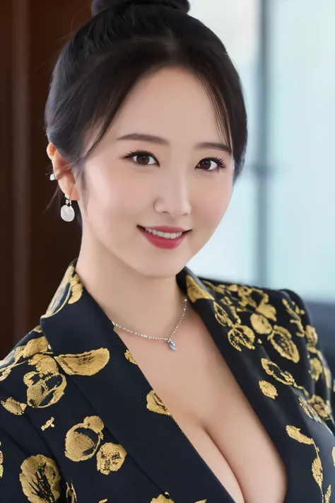 ((UHD)), textured skin, super detail, (high details), (high quality),Detailed depiction of eyes and face, 8k, 1girl, sexy, (SFW:1.0), realistic,(1japanese woman politician:1.2), Japanese beautiful woman (black hair:0.9), (messy bun hair:1.4), smile, depth ...