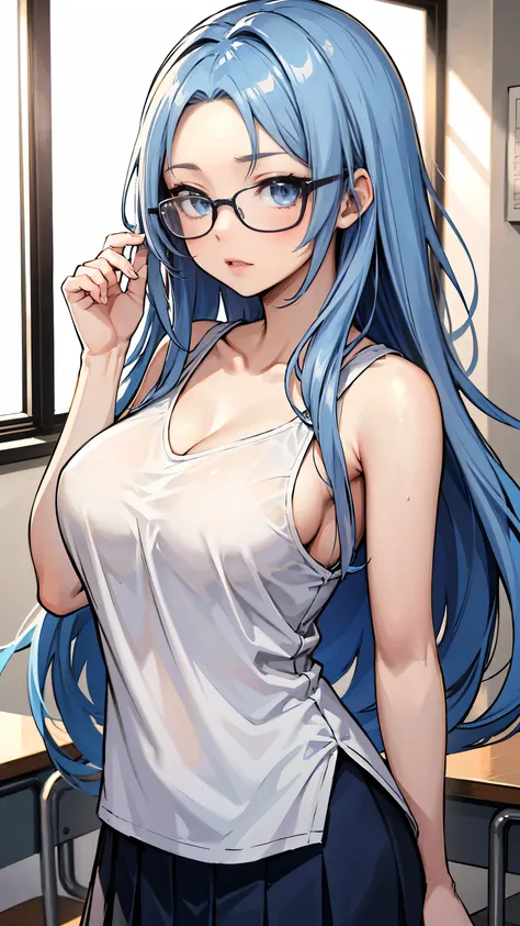 Create an anime-Style illuStration of a 1８-year-old girl named Shizuka. She haS long, Straight, blue hair with bangS cut Straight acroSS her forehead. She haS large, almond-Shaped Silver-blue eyeS and porcelain-like white Skin. Shizuka often wearS glaSSeS....