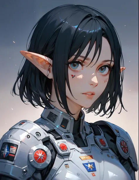 score_9, score_8_up, score_7_up, score_6_up,(masterpiece, best quality:1.2), highly detailed, character design, mature woman, pointed ears, black hair,  medium hair, brais hair, skinny body, futuristic soldier armor 