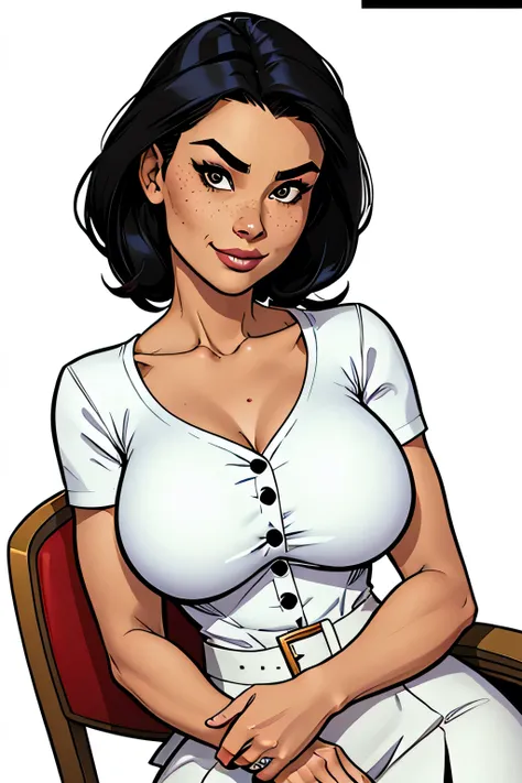 Slim and athletic woman (rogue x-men), 25 years, 8k ((high definition)), beautiful smile, sighing and seductive look, brown eyes, secretary wearing white shirt ((with V-neck, white buttons and short sleeves)), black belt, chalk skirt, hands on waist ((deta...