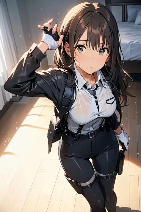 1 female, , high quality, masterpiece, Ultra-high resolution, , Cinema Lighting, , , And the suspenders with the cranes flying Large Breasts Small face holster Lying in bed Looking up Sweat belt summer 脇Sweat Black Hole Gloves su...