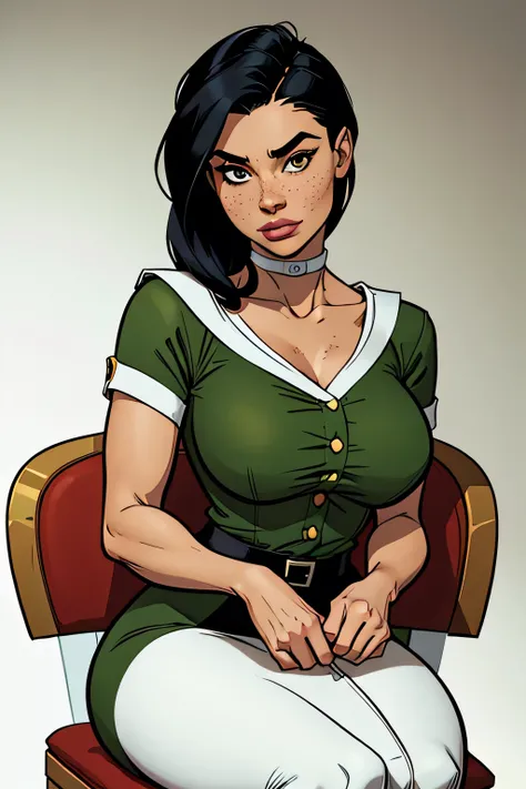 Slim and athletic woman (x-men rogue), 25 years, 8k ((high definition)), thoughtful, sighing and seductive look, brown eyes, secretary wearing green shirt with collar ((with V-neck, white buttons and short sleeves)), black belt, chalk skirt, hands on waist...