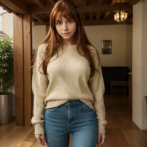 a hyperrealistic photo, monika (ddlc), in real world as a real person with green eyes and very tall auburn hair, somewhere in eu...