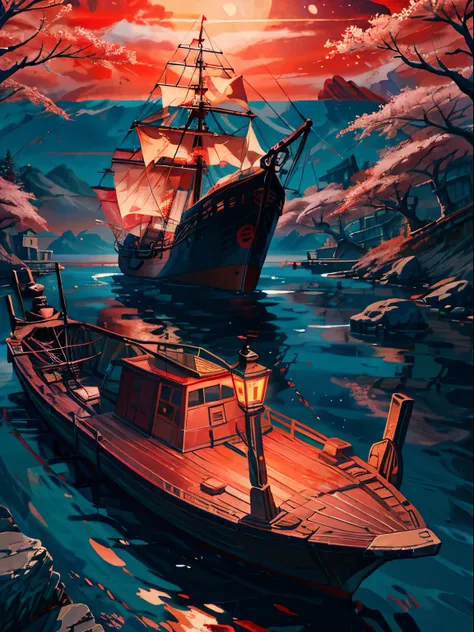 Night time, a ancient marchent ship , sailing, crimson moon ,red cherry trees, river ,high tide,rock, calm, mesmerizing view, moonlight scenary,mesmerizing view,,digital painting,wind up,concept art, illustration,((light red theme))