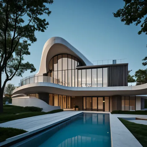 "A contemporary two-story home, combining elements of parametric architecture inspired by Zaha Hadid and Santiago Calatrava. The structure is fluid, with curved, dynamic shapes that seem to defy gravity, creating a futuristic aesthetic. The facade of the h...
