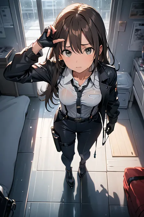 1 female, , high quality, masterpiece, Ultra-high resolution, , Cinema Lighting, , , And the suspenders with the cranes flying Large Breasts Small face holster Lying in bed Looking up Sweat belt summer 脇Sweat Black Hole Gloves su...