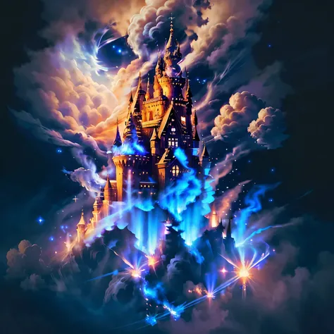 Arafed Castle in the sky with a bright star above, flying cloud castle, Epic Castle, epic fantasy digital art style, fantasy castle, Epic castle with tall spires, Art fantastique 4k, Castle in the clouds, Art Fantasy Behance, Flying castle, high fantasy ca...