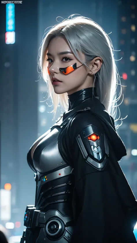 1girl, a beautiful girl cyborg cyberpunk with a cyberpunk city tall buildings, white hair, cybermask, white and orange and black machine suit color combination, the body full of machine, realistic futuristic hologram, asian skin tone, beautiful eye, beauti...