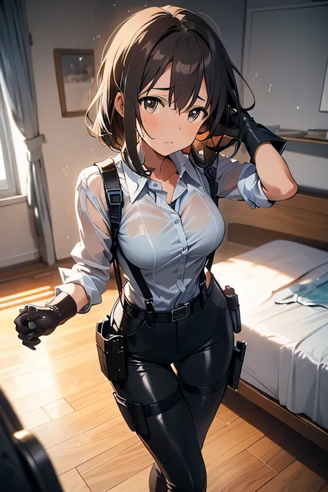 1 female, , high quality, masterpiece, Ultra-high resolution, , Cinema Lighting, , , And the suspenders with the cranes flying Large Breasts Small face holster Lying in bed Looking up Sweat belt summer 脇Sweat Black Hole Gloves su...
