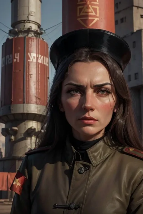 propaganda banner, spy satellite in the sky, radar antennas and antennas with sensors and a KGB agent, agent with a very rude Russian face, Soviet style uniform, in the background you can see an electricity turbine, red flags, communist symbols, Soviet pro...