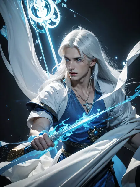 young man, very handsome, long white hair, blue eyes, wearing a blue tunic, blue fire flames, blue fire in the background of the image , blue fire, fox eyes, fuller face, with defined jawline, 8k, super detail, top quality, long white hair, no shirt , a go...