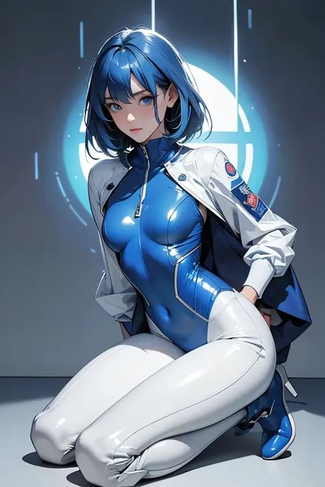 (masterpiece, Best Quality, Highest resolution clear_image, Detailed explanation): (Alone, Lonely Girl, The Face of Japan, Blue Hair Girl, Shortcuts, Full body portrait, Small breasts, Sparkling blue eyes, Metallic white and blue pilot suit, Tight fitting ...