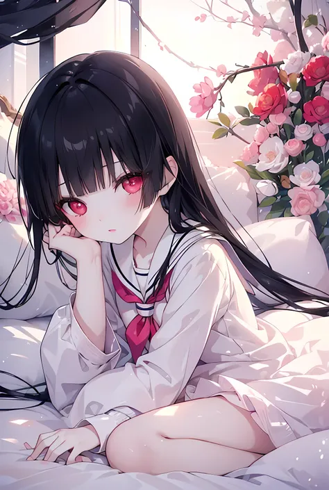 (Masterpiece)、Best Quality、Highest quality、High resolution、Very detailed、Glowing Skin、Bright highlights on eyes、Blushing、Black Hair、Pink Lips、Sailor suit、Red Eyes、Cute eyes、(whole body;1.2)、bed