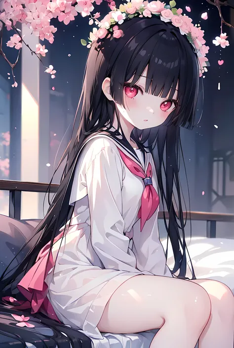 (Masterpiece)、Best Quality、Highest quality、High resolution、Very detailed、Glowing Skin、Bright highlights on eyes、Blushing、Black Hair、Pink Lips、Sailor suit、Red Eyes、Cute eyes、(whole body;1.2)、bed