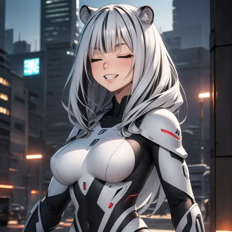 Atlas Fayon woman 40 years old, white hair with black stripes ,white tiger ears, Eyes closed, mujer ciega con Eyes closed, big  smile showing teeth, ,futuristic tight suit, military suit, 4k, high quality, futuristic city background. neon lights.