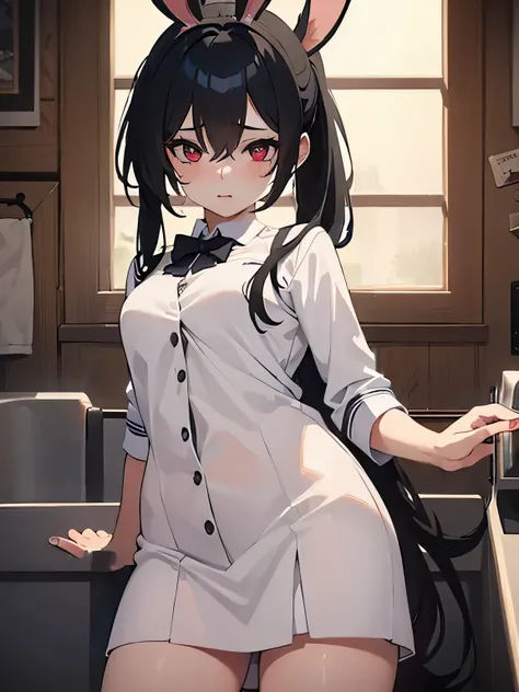 (1girl:1.3), Masterpiece, Best quality, amazing beauty, 4K, absurdres, finely detail, super detailed eye, perfect anatomy, official art, cinematic lighting, BREAK, toilet, silky ponytail, black hair, super shiny detailed red eyes, cute eyes, sparkle(in the...