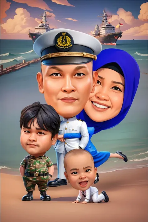 arafed photo of a man Some of the ship drivers, and hijab woman with a baby and ab Warship, caricature illustration, in cartoon style, caricature style, caricature, cartoon art, digital art cartoon, cartoon digital art, realistic cartoon, cartoon artstyle,...