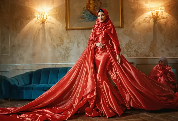 woman shrouded in a 10-meter-long, plush semi transparent red satin shimmer cloth, tightly bound and grandly draping along the f...