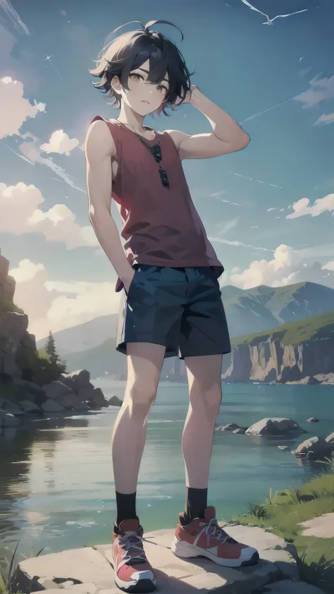 (masterpiece), best quality, (((1boy))), teen, solo, dark blue hair, messy hair, ahoge BREAK standing, (yellow eyes) BREAK (pale skin:1.2) BREAK bored face,  glaring, looking at viewer, purple shirt, sleeveless BREAK denim shorts BREAK standing, outdoors, ...