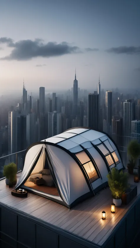 living in a tent on the roof of a skyscraper, the ultimate urban minimalist with nothing else, artistic photography, hyper realistic, digital graphic CG, ultra detailed, absolutely resolution, best quality