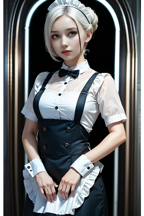 beautiful female cyborg soldier in maid uniform、short white hair、muscular、six-pack abs、(transparent maid uniform:1.8)、(transpare...