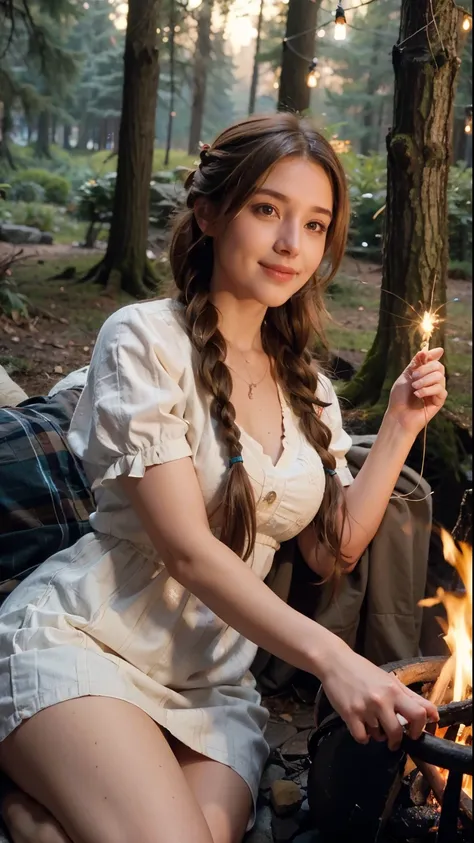 8k, A lovely woman with braided brown hair and a kind smile sits by a cozy, glowing campfire in an enchanted forest, holding a sign that says "September 17, 2024" on an electronic screen. She is wearing a light summer dress, transparent and comfortable, an...